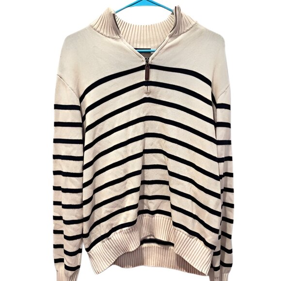 Brandy Melville Tops - Brandy Melville Tan and Navy Blue Striped Quarter Zip Sweater Vintage 90s Winter